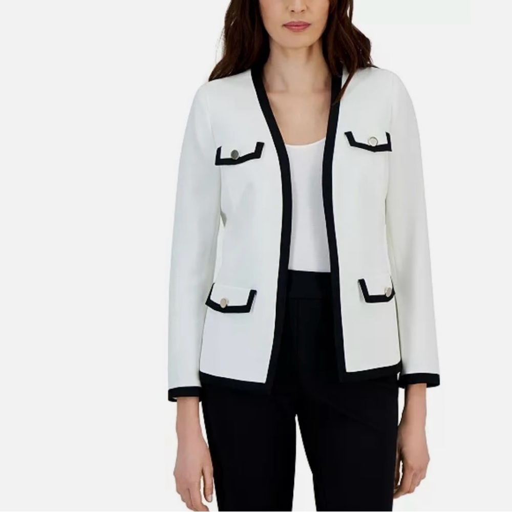 Kasper women’s LP black trim stretch crêpe open front blazer‎ jacket